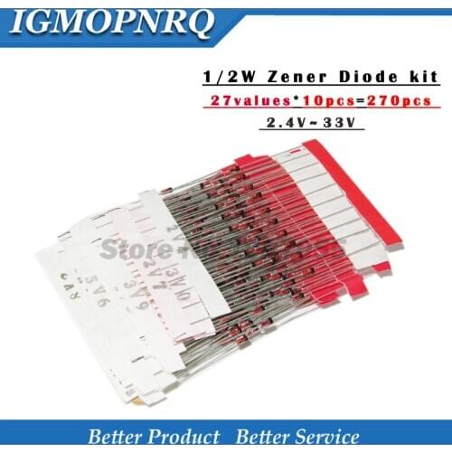 270pcs 0.5W Zener Diode kit Assortment Set 1/2W 2V4-33V Zener Diode pack 2V4 12V 18V 5V1 5V6 3V3 3V6 4V3 4V7 6V2 6V8 7V5 20V 22V