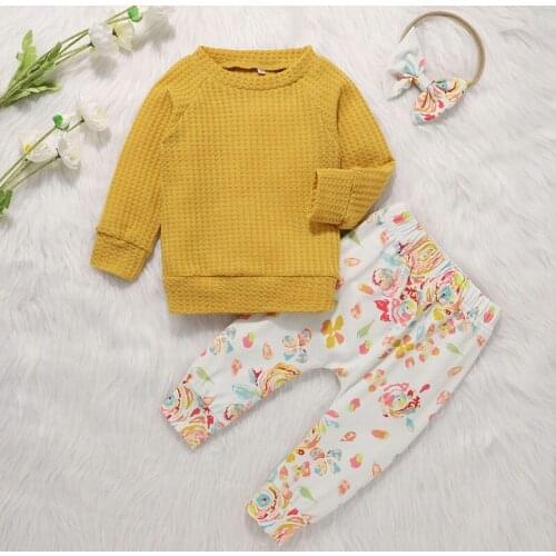 Toddler Baby Girl Clothes Sets Print Clothes Solid Tops Sweatshirt Pants Infant Hairband Outfits Sets Kids Girls Clothes Outfits