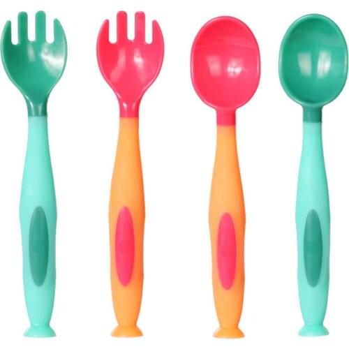 Newborn Eating Learning Tableware Fork Spoon Infant Soft Bendable Plastic Self-feeding Spoon Fork Learning Tableware Set