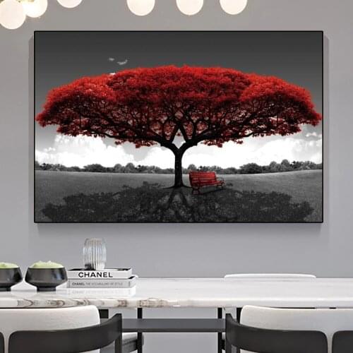 Landscape Park Red Romantic Tree Wall Art Canvas Posters and Prints Nordic Living Room Decoration Frameless Picture