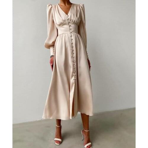 Elegant A-Line Long Sleeve Prom Dresses with Pockets Zipper Back Robe De Soiree Tea Length Satin Formal Party Gown for Women