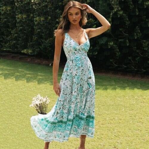Floral Printed Boho Chic Beach Sundress Summer Sexy Backless Dress Casual Green Holiday Vestidos 2021 Women Clothing
