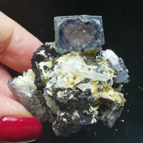 49.2gNatural purple window fluorite and wolframite mineral specimen healing energy QUARTZ GEM home decoration stone Teaching