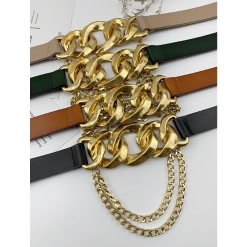 Cow Leather Waist Chain Belt For Women Punk Double Layers Chains Waistband Fashion Winter Female Real Leather Cowskin Waist Belt