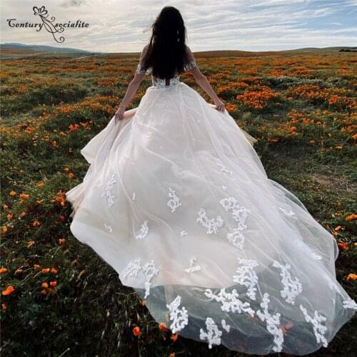 Off the Shoulder Wedding Dresses Boho Lace Appliques Beach Bridal Gowns with Slit A-Line Bride Dress Plus Size Vestidos De Novia