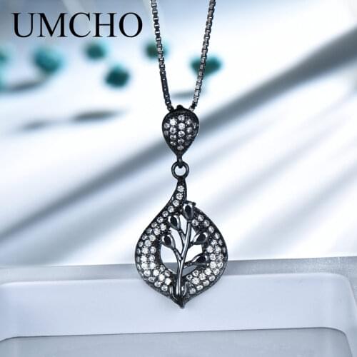 UMCHO Solid 925 Sterling Silver Leaf Black Pendant Necklace Gemstone For Girl Gift Fine Jewelry