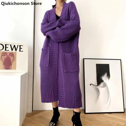 Vintage Korean Long Cardigan Women 2021 Autumn Winter Coat Pockets Design Long Sleeve Plus Size Thick Knitted Sweater pull femme
