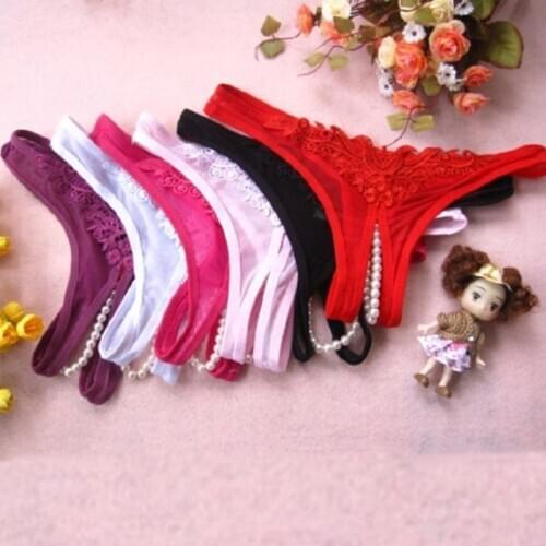 Fashion WomenS T-Thong Thong Pearl Net Gauze Transparent Panties Wholesale Black Purple Red White Rose Red