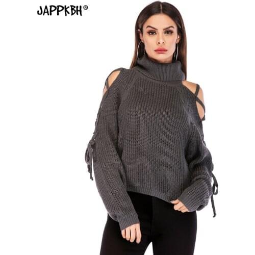 Women Sweaters 2021 Spring Sexy Off Shoulder Turtleneck Knitwear Sweater Womans Outwear Female Casual Loose Bandage ropa mujer