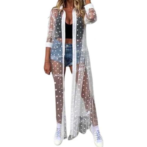 Summer swimwear women 2021 Long Sleeve Bikini Coat Dot Print Net Yarn See-Through Lapel Bikini Cover Up Beachwear Black xl