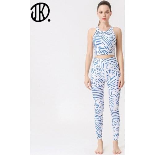 Sexy Vest Ladies Sports Sleeveless Crop Top + High Waist Pencil Pants Yoga Two-piece Suit Printing Fitness Tracksuits Femme Sets