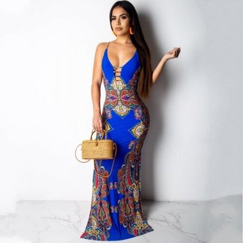 Boho Maxi Dress Sexy V-Neck Sling Backless Summer Long Dress Floral Print Bohemian Beach Dress Back Bow Design Women Long Dress