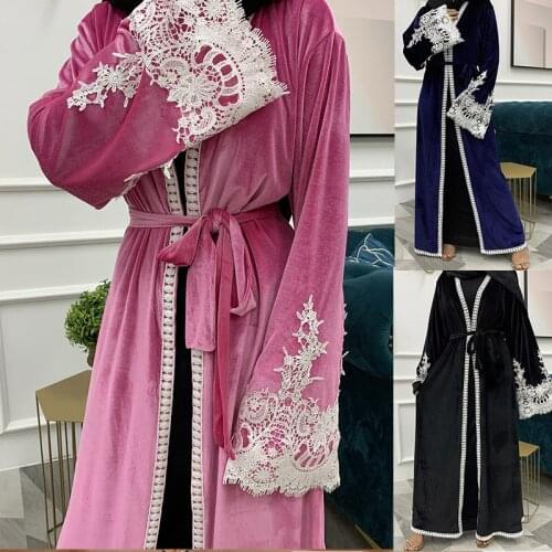 Abayas for Women High Quality Muslin Dress Velvet Satin Dubai Abaya Turkey 2021 Fashion Lace Stitching Islam Caftan Dresses New