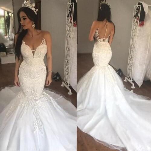 2021 Mermaid Wedding Dresses Bridal Gown Sheer Neck Sweep Train Appliques Beads Garden Chapel Country Vestidos De Novia