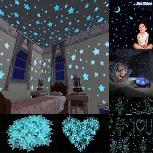 100Pcs Plastic 3D Wall Stickers Luminous Stars Glow in the Dark Baby Kids Bedroom Room Decal