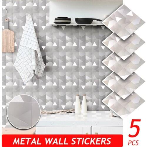 5PCS Metal Home Decor Wall Stickers Panel for Kitchen Bedroom Living Room Waterproof Fireproof TV Background PVC Self-adhesive