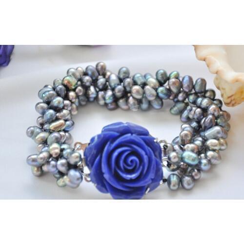 Wedding Woman Gift 4 Rows 5-8mm Gray Colors Natural Freshwater Pearl Bracelet Handmade Blue Rose Clasp Woman Jewelry