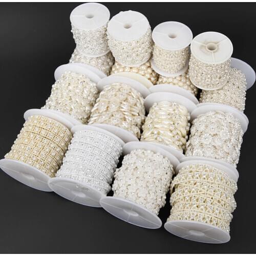 BOLIAO 1 Yard/Lot 6-16mm Width ABS Ivory/White Imitation Pearl Plastic with Round Rhinestone Chain Trim for DIY Wedding Dress