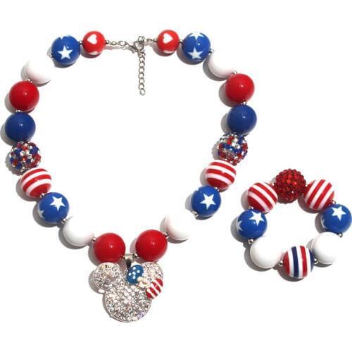 Kid Chunky Necklace 4th July Girls Children Bubblegom Bead Chunky Necklace 2PCS Newest Fashion Toddler Kids Jewelry NL019