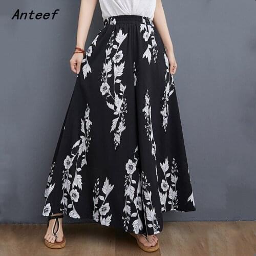 Cotton vintage floral high waist casual loose summer trousers woman wide leg pants 2021 streetwear women clothing