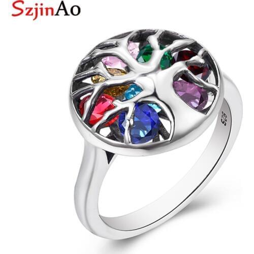 SzjinAo Tree of Life Ring Family Tree Encased Birthstone Ring 925 Sterling Silver Family Tree Custom Mothers Ring
