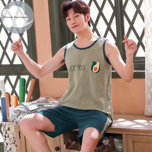 Summer Men Pyjamas Knitted Cotton Cartoon Sleeveless Pajamas Set Casual Sleepwear Pyjamas Nightwear Pijamas Plus Size XXXXL Sets