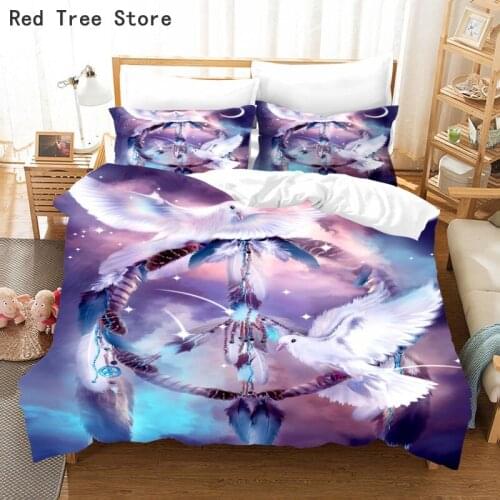 Dreamcatcher and White Dove Printed Bedding Set Quilt Cover Bohemian Mandala Bedclothes 2/3pcs Feather Pattern Duvet Bed Linens