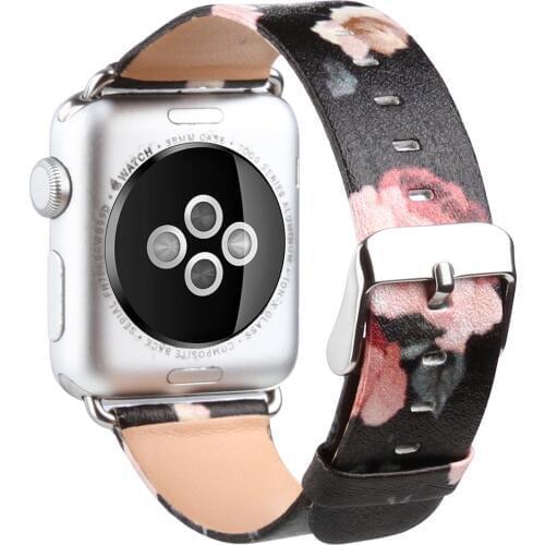 Rose Flower Print Leather Watch Band for Apple Watch Series 3 Strap Black Wristband for Series 1/2/3 Bracelet Belt 42mm 38mm