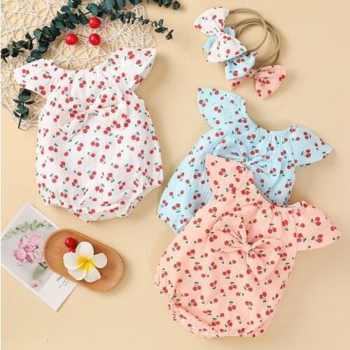 Summer Baby Girl Cute Bodysuits Infant Girls Cotton Flare Sleeve Cherry Print Bow Bodysuit+Headband Casual Jumpsuit Set