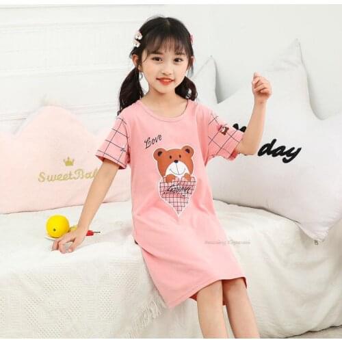 Summer Girls Nightgown Pajamas Kids Pink Plaid Love Bear Round Neck Short Sleeve Pajamas Baby Sleeping Dress For 8 10 12 Years