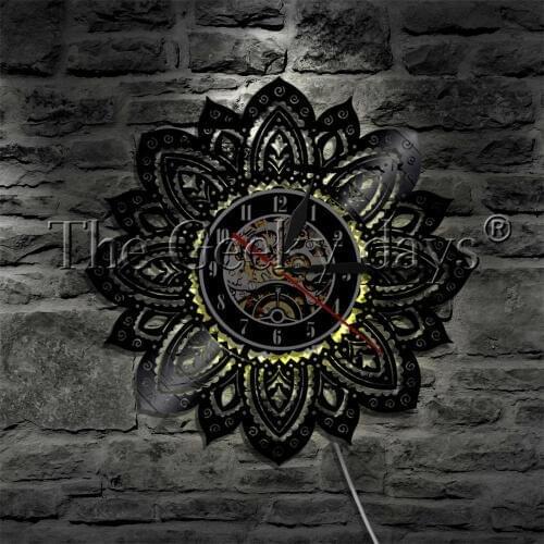 Lotus Mandala Meditation Yoga Vinyl Record Wall Clock With LED illumination Wall Art Geometric Design Decorative Lighting
