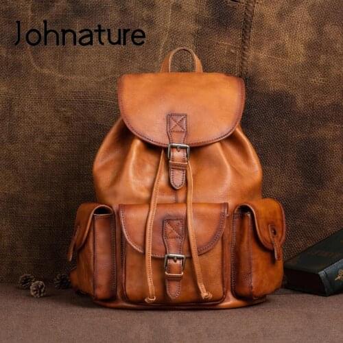 Johnature Men Genuine Leather Backpack 2021 New Retro Large Capacity Portable Travel Bags Nature Real Cowhide Laptop Backpacks