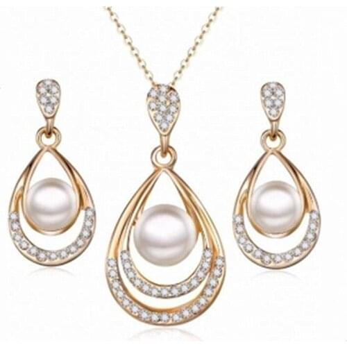 2021 New Hot Fashion Bride Wedding Party Simulated-pearl Crystal Water Drop Chokers Necklace/Drop Earrings For Women Jewelry Set