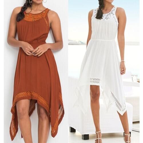 New Arrival Women Sleeveless Round Collar Irregular Solid Color Dress for Summer Beach Party
