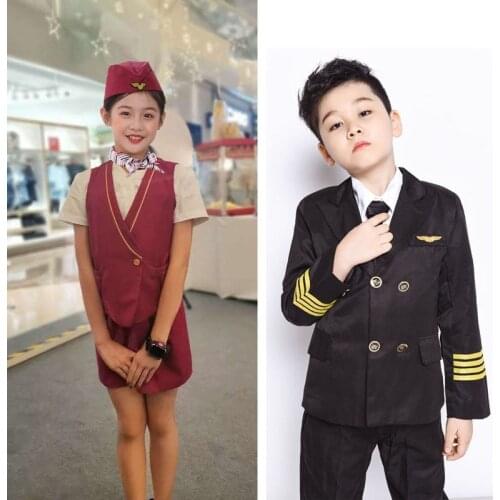 Flight Attendant Girls Halloween Caption Carnival Party Pilot Cosplay Costumes for Kids Boys Dress Police Performance Uniform