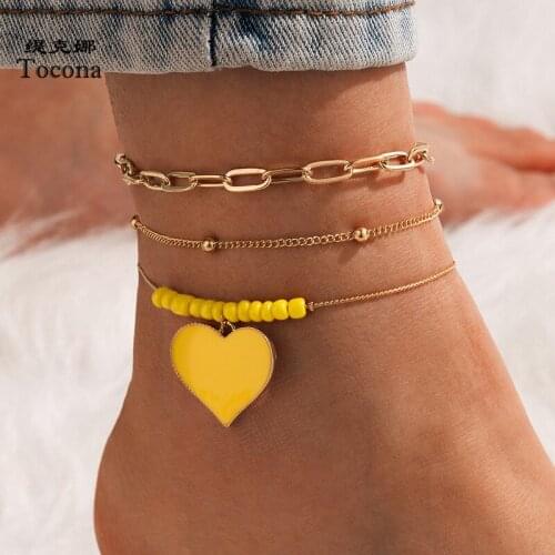 Tocona 3pcs/sets Yellow Beaded Anklets for Women Cute Big Heart Hollow Out Alloy Metal Gold Foot Chain Jewelry Accessories 16254
