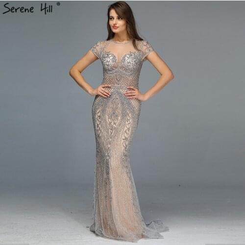 Serene Hill Dubai Grey Full Diamond Sexy Evening Dress 2021 Short Sleeves Luxury Mermaid Formal Party Wear Gown CLA60934