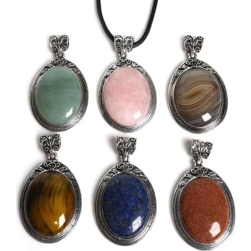 Antique Silver Plated Oval Shape Vintage Charms With Natural Stone Beads For DIY Necklace Bracelet Jewelry Making Findings