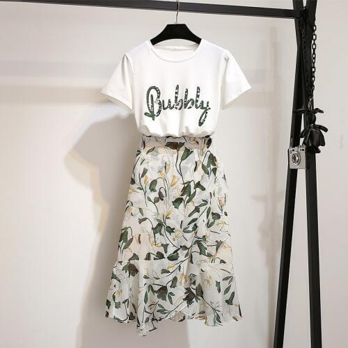 2020 Summer New Casual Pearls Letter Cotton T-shirts+flower Print Ruffle Draped Chiffon Women Two Piece Set Plus Size Skirt Set