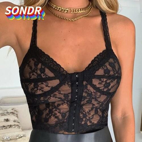 SONDR Floral Padded Push Up Lace Bras For Women Sexy Lingerie Corset Camis Underwear Wire Free Sheer Bra Crop Tops Brassiere