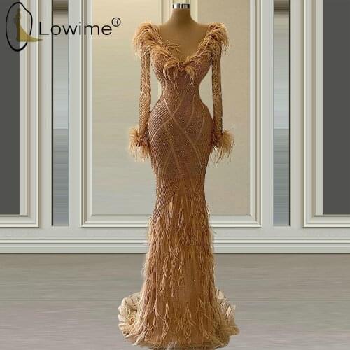 Luxury Major Beading Mermaid Evening Dresses Feathers V Neck Middle East Saudi Arabia Long Sleeve Prom Party Gowns Longue Robes
