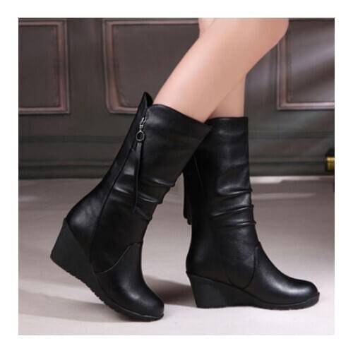 Winter Boots 2019 Women Boots Wedge Mid Calf Boots Women Shoes Black Fashion Mother Shoes Leather Boots Round Toe Ladies Shoes