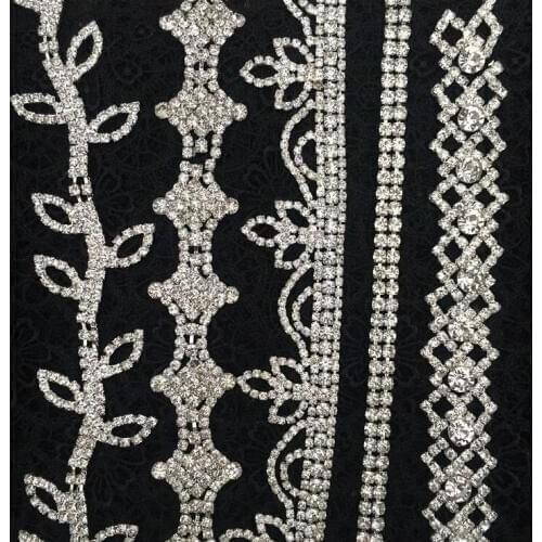 10cm Per Lot Clear Crystal Rhinestone Trim Chain Silver Base Trim Applique Sew on for Dress Decoration Garment Shoes Bags