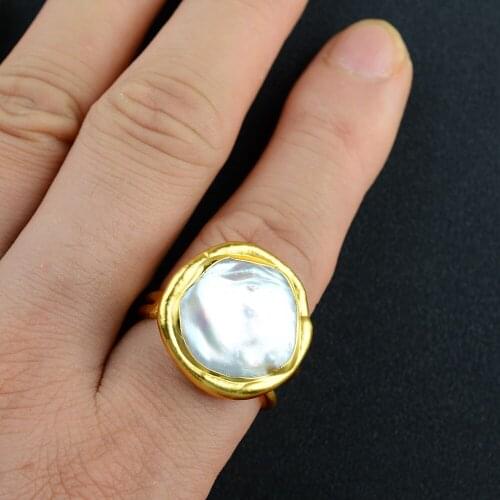 21x24mm White Keshi Pearl Yellow Golden Plated Ring