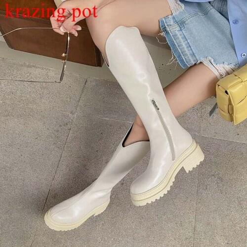 Krazing pot cow leather gladiator round toe winter curve art design riding boots med heels knight heroic thigh high boots l75