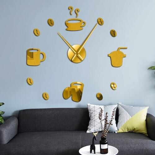 Coffee Bar Decorative 3D DIY Silent Wall Clock Kitchen Decor Cafe Hot Beverage Shop Coffee Beans Wall Art Decor Super Big Watch