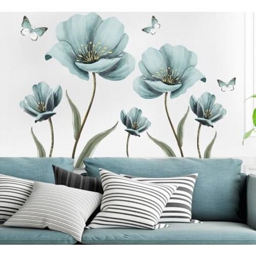 DIY Painted Blue Flower Butterfly Wall Stickers Home Decor Self Adhesive Removable PVC Mural Art Decals Living Room Decoration