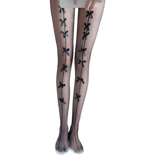 K3NF Women Sexy Hollow Out Fishnet Bowknot Pantyhose Ruffled Thigh High Long Socks Sheer Mesh Lingerie Tights Slim Stockings
