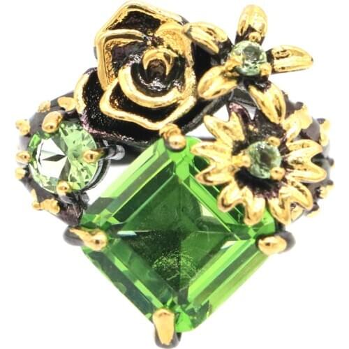 24x20mm Neo-Gothic Forest Created 7.2g Pink Tourmaline Green Tsavorite Garnet Black Gold Silver Rings