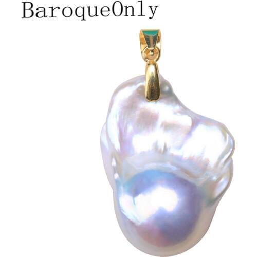 Baroqueonly Hand made 925 silver sterling Natural baroque shaped pearl pendant big size s white Simple retro clasp necklace PZN